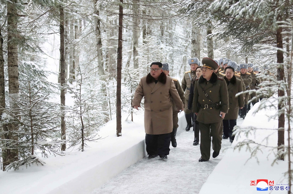 KCNA picture of North Korean leader Kim Jong Un visiting battle sites in areas of Mt Paektu  / KCNA
