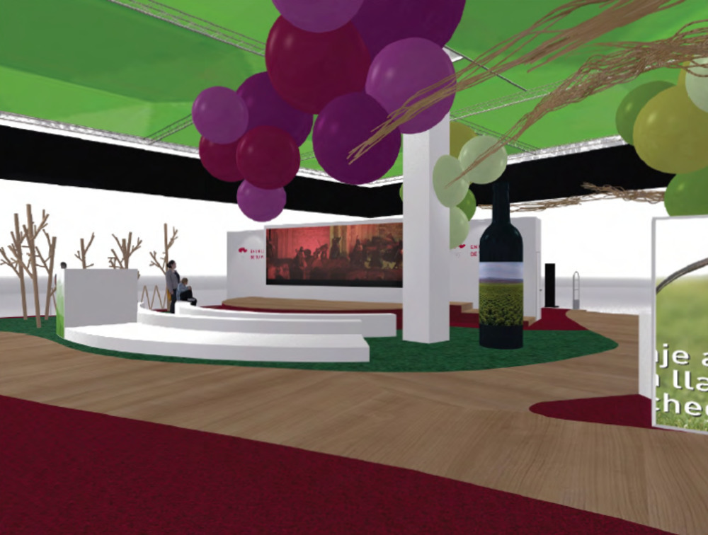 El escenario central, con la pantalla de VideoWall y una botella gigante de vino.